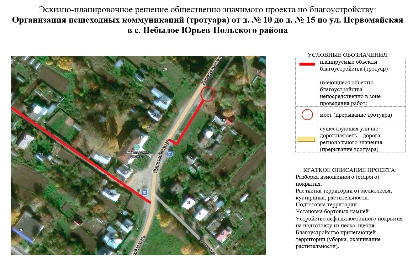 Организация пешеходных коммуникаций (тротуаров) от д. № 10 до д. № 15 по  ул. Первомайская в с. Небылое Юрьев-Польского района